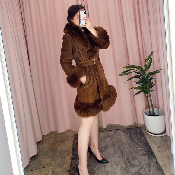 Vintage Jackets & Blazers - #15 Vintage Brown Suede Shearling 70s Penny Lane Princess Coat w/Waist Belt